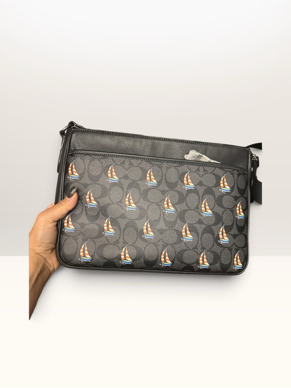 Coach Black Signature Canvas Messenger Pouch with Multicolor Sailboat Print